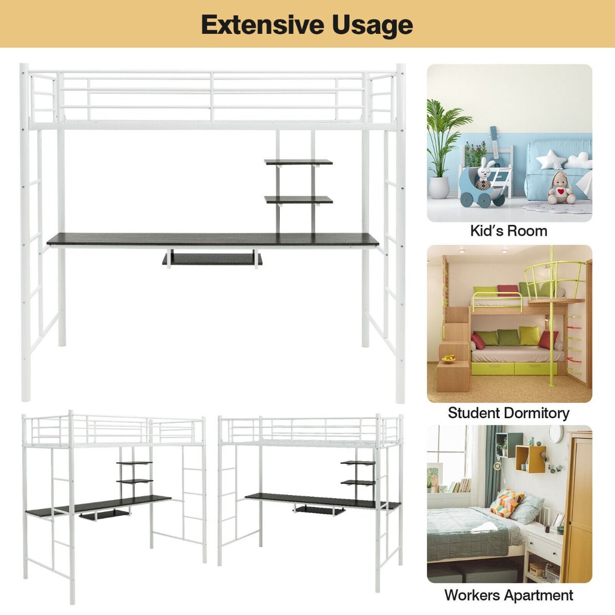Metal Bunk Bed Frame High Sleeper with Desk and Storage Shelves White